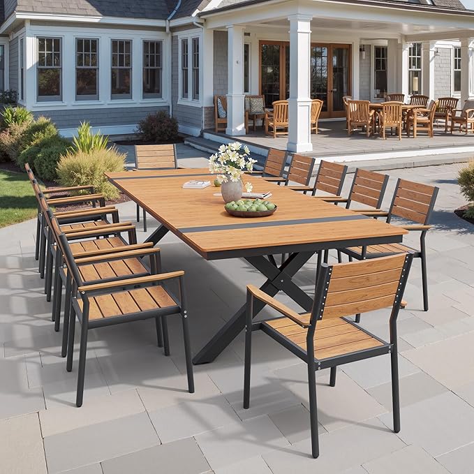Pellebant 118" Outdoor Dining Table for 8-12, Aluminum Patio Dining Table with Umbrella Hole, Waterproof Wood-Like Tabletop for Lawn Garden Backyard, Brown