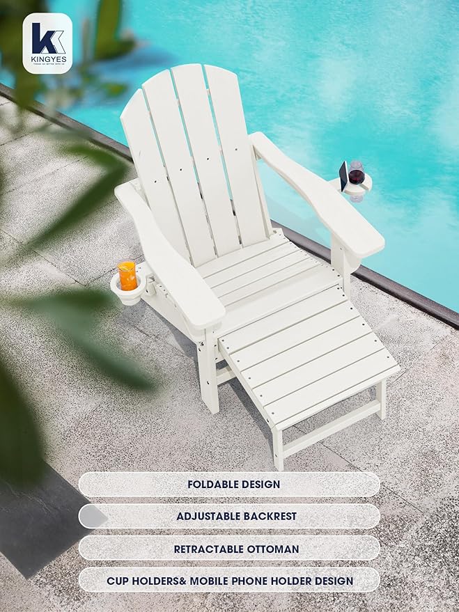 KINGYES Folding Adjustable Adirondack Chair with Ottoman & 2 Cup Holders Set of 4, HDEP Multifunctional Adirondack Chair with Footrest, White