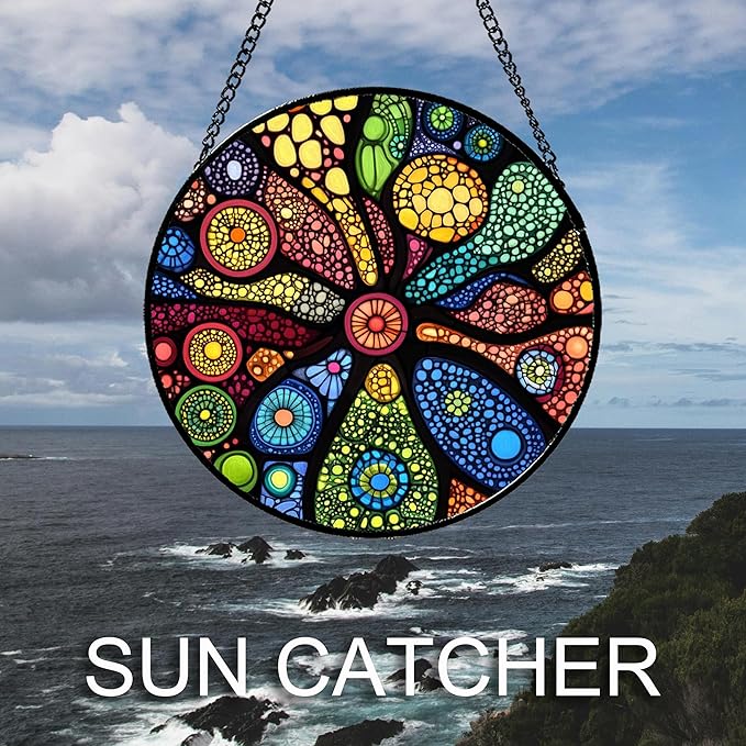 QZQCBLC Stained Glass Window Hanging Colorful Abstract Plants 9.8" - Retro Boho Suncatcher Door Garden Sun Catcher Home Decor Birthday Christmas for Mom Men Woman Nana