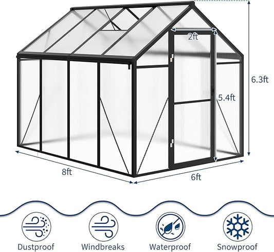 6 x 8 ft Greenhouse, Greenhouses for Outside, Polycarbonate Greenhouse with Aluminum Frame, Lockable Door and Ajustable Roof Vent for Backyard, Green Houses for Outside Garden Backyard, Patio
