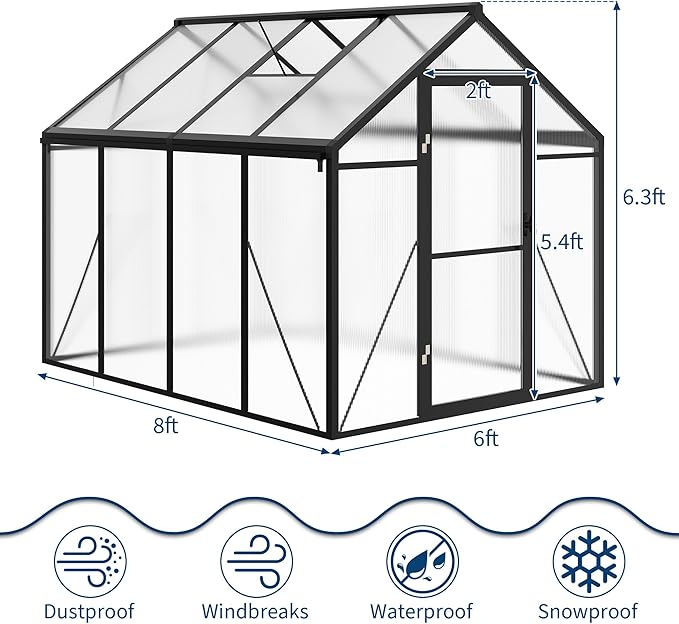 6x8 FT Greenhouse, Polycarbonate Walk-in Greenhouse for Outdoors with Roof Vent & Lockable Outward-Opening Swing Door, Heavy-Duty Aluminum Green House for Garden, Backyard, Patio, Lawn, Dark Grey
