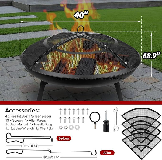 Fire Pit Spark Screen,40 Inch Fire Pit Screen Outdoor with Handle&Poker,Heavy-Duty Steel Fire Pit Cover Mesh Round Replacement Firepit Screens for Backyard/Beach/RV Camping