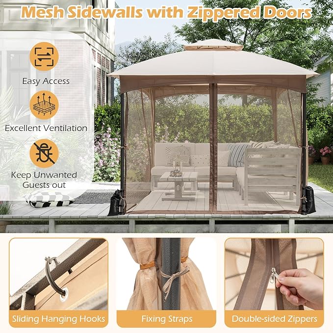 Tangkula 10x10 FT Outdoor Gazebo with Netting, Double Roof Patio Shelter with 4 Sandbags, Zippered Doors, Heavy-Duty Metal Frame, Metal Patio Gazebo for Yard Garden Lawn (Khaki)
