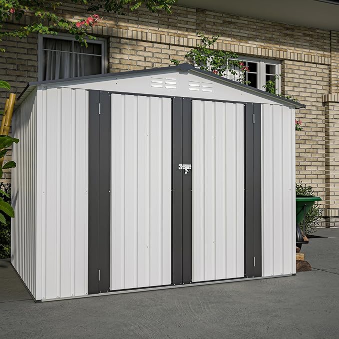 8x6 FT Outdoor Storage Shed W/ 2 Lockable Hinged Doors,Metal Shed W/Sloped Roof & 4 Air Vents,Garden Tool House W/Updated Frame Structure,for Backyard Patio Lawn,White