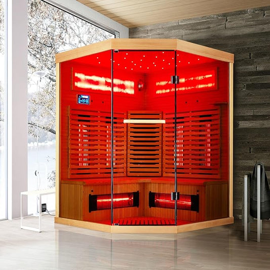 Infrared Sauna,3-4 Person Home Sauna with Himalayan Salt Brick,Original Corner Sauna Spa Room with 7 Color Starry Sky Top,Canadian Hemlock & Tempered Glass, 220V