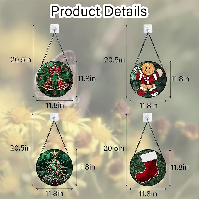 AMDERVEN Stained Glass Window Hanging 4 Pcs Set Red Christmas Stockings and Gingerbread Large 11.8" - Suncatcher Door Garden Sun Catcher Decor Birthday Mother's Day Xmas Gifts for Mom Woman Nana Men