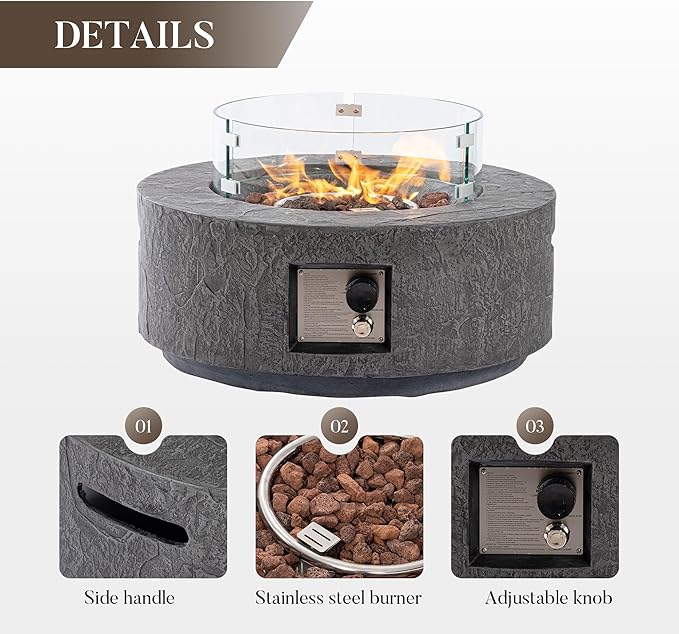 Cosiest Propane Fire Pit with Wind Guard&Tank Cover for Outside, 28 in Round Gas Fire Pits for Outdoor Patio, Certified, 50000 BTU Concrete Rectangle Base with Rain Cover, Free Lava Rocks