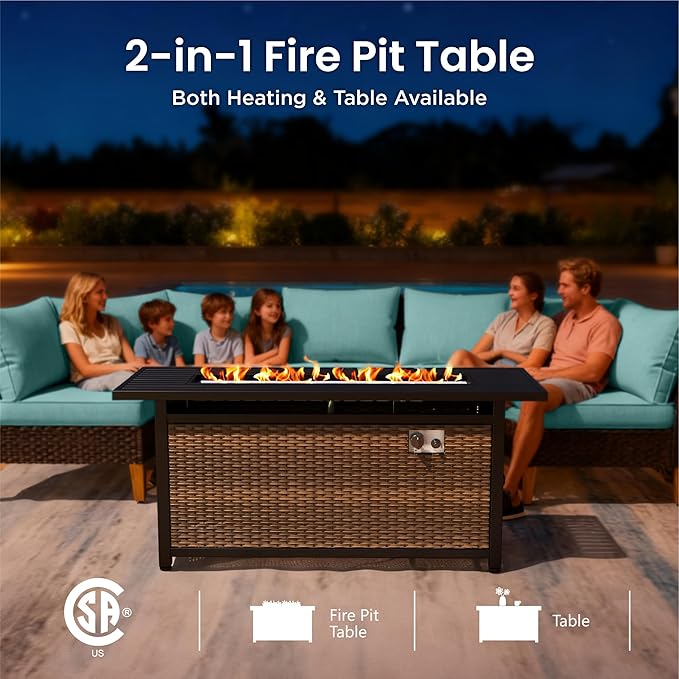 PHI VILLA 6-Piece Wicker Patio Furniture Set with Fire Pit Table, Outdoor Half-Moon Curved Sectional Sofa with Cushions, 56” Gas Fire Pit Table and Ottomans, Aqua Blue