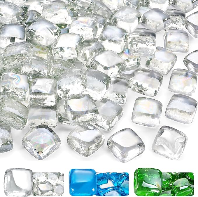GasSaf Crystal Ice Fire Glass Cubes for Outdoor Fire Pit, Fireplace, Replaces Existing Gas Logs & Lava Rocks, 1 Inch Glass(20 Pound)(Crystal Ice Luster)