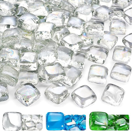 GasSaf Crystal Ice Fire Glass Cubes for Outdoor Fire Pit, Fireplace, Replaces Existing Gas Logs & Lava Rocks, 1 Inch Glass(10 Pound)(Crystal Ice Luster)