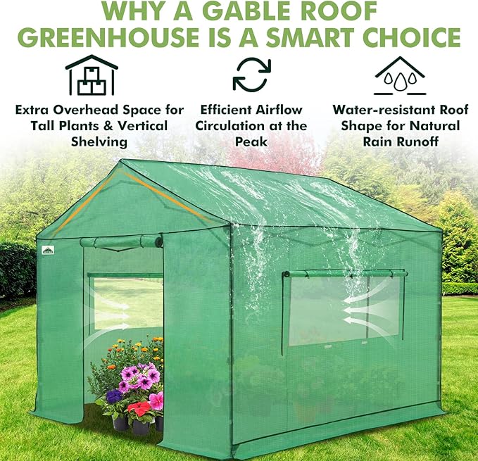 EAGLE PEAK 10x10 Portable Pop Up Greenhouse, Patented Center Lock Easy One Person Setup, Walk-in Outdoor Greenhouse with Gable Roof, Weight Bags, Zippered Doors & Windows - Winter Support Pole, Green