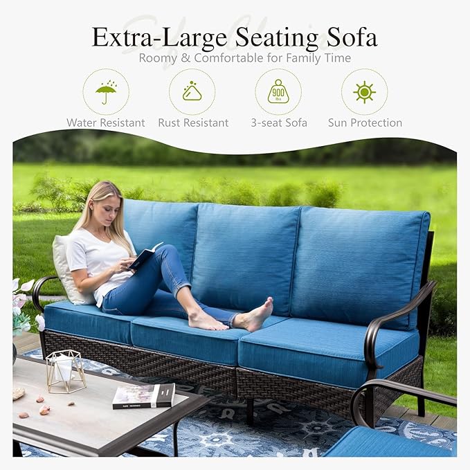 Sophia & William Patio Furniture Set with Fire Pit Table, 5 PCS Metal Outdoor Conversation Set with Fire Pit Table, 2 Sofa Chairs,1 Loveseat, 3-Seater Couch for Outdoor Seating, Backyard, Porch(Navy)