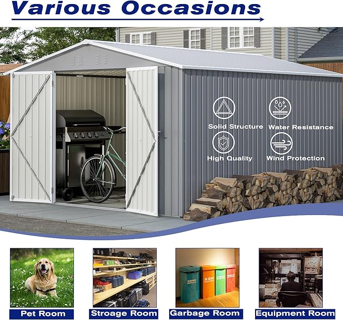8x12 FT Outdoor Storage Shed W/Floor Frame,Metal Shed W/Double Lockable Doors,Garden Tool House W/ 2 Vents & Sloped Roof,for Backyard Patio Lawn,Gray