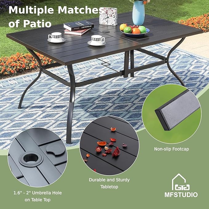MFSTUDIO Patio Table and Chairs Set, 7 PCS Outdoor Dining Set with 6 Patio Dining Chairs and 1 Heavy Duty Metal 60" Table for 6, All Weather Resistant Patio Furniture, Grey