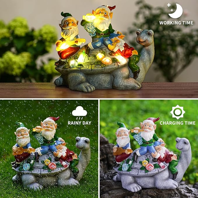NATASE Upgraded Size Solar Garden Outdoor Statues Gnome Turtle Three Gnomes Having Party on Turtle with 7 LED Lawn Decor Outside Decorations for Patio, Balcony, Yard Ornament Unique Garden Gift