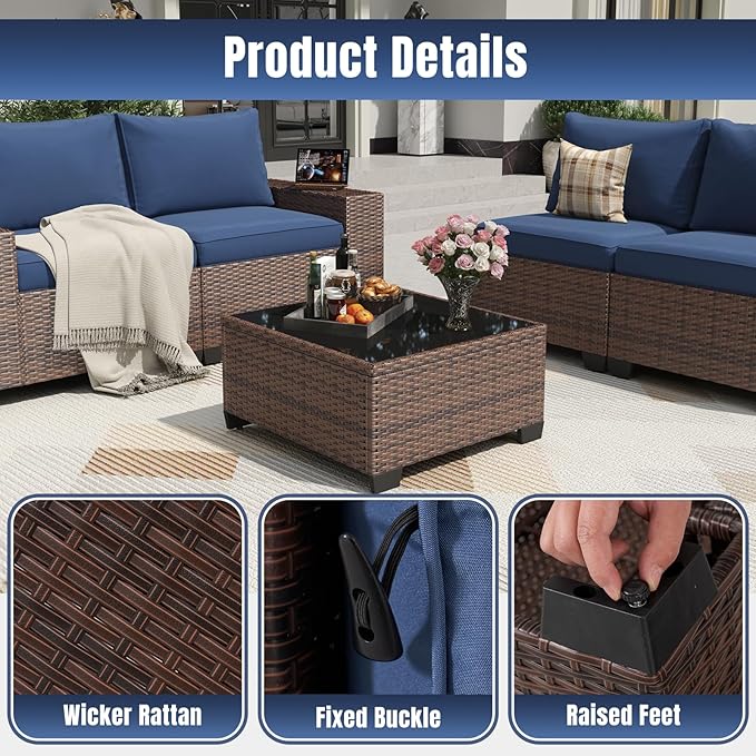 Aoxun 13 Pieces Patio Furniture Set with 44” Fire Pit Table Wicker Rattan Outdoor Sectional Conversation Set with Coffee Table and 4” Thickened Cushions, Blue(Waterproof Cover Included)