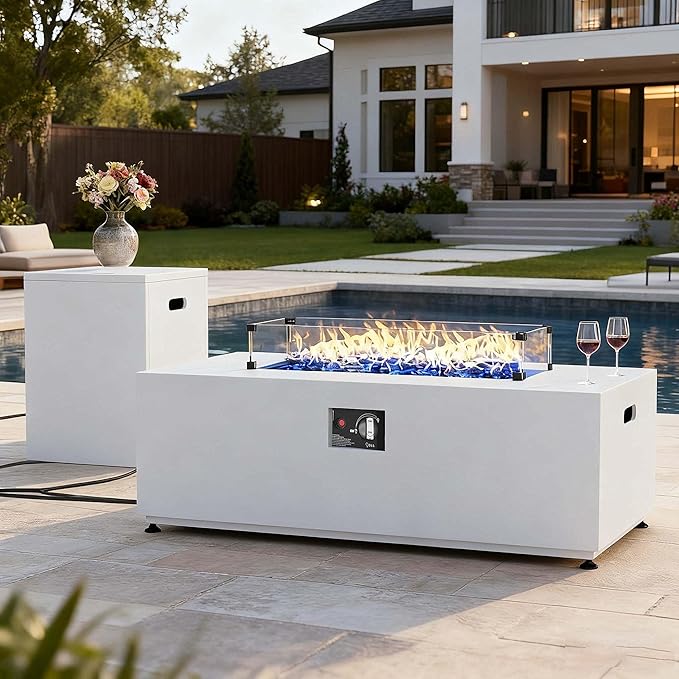 LayinSun 42 Inch Outdoor Fire Pit Table for Outside Patio, 55000BTU Rectangle Propane Firepit with Hidden Fuel Tank, Glass Wind Guard, Waterproof Cover and Lid