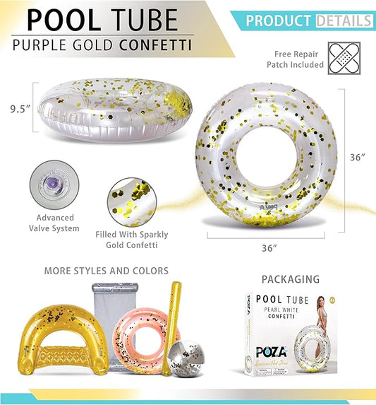 POZA Inflatable Pool Float Tube – Sparkly Confetti Swim Ring, Heavy Duty UV Resistant Inflatable Tube Pool Float for Kids & Adults – Multiple Colors & Sizes – Beach, Lake & Pool Party Float