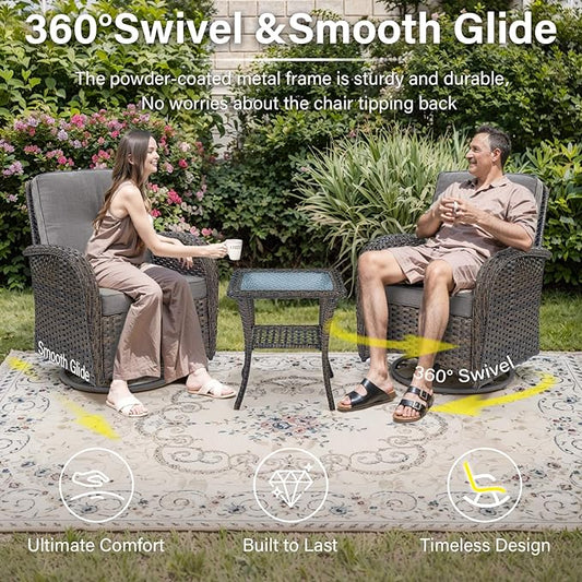 5 Piece Swivel Rocker Glider Outdoor Chairs Set of 2 with Ottoman and Glass Side Table Patio Bistro Furniture Set, Comfort High Back Wicker Patio Conversation Set for Deck Porch Sunroom