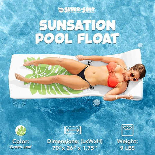 TRC Recreation 2-Pack Sunsation 1.75" Thick Foam Pool Float Lounger, White with Green Leaf w/Headrest for Lounging & Sunbathing in Swimming Pools, Beaches & Lakes, 70" x 26"