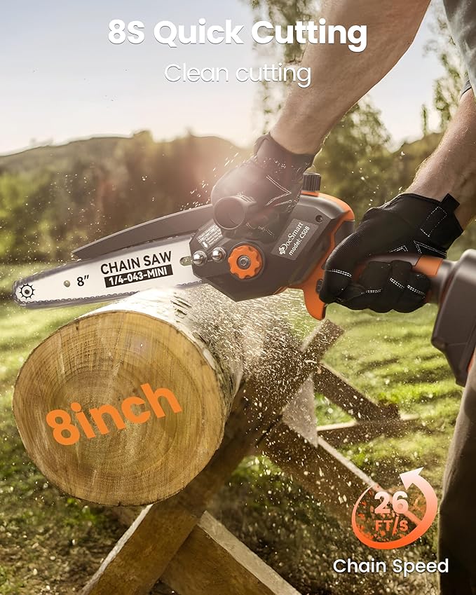 Mini Chainsaw Electric Cordless: 8 Inch & 6 Inch Brushless Chain Saw with 2 Pack Rechargeable Batteries, Battery Powered Handheld Saw for Trees Trimming Wood Cutting, Orange