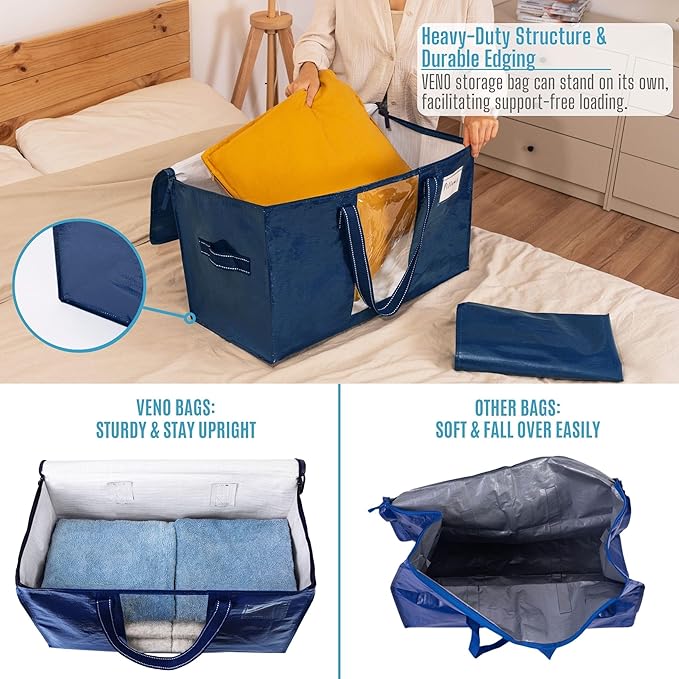 VENO 8 Pack Moving Bags, Christmas Storage Bins, Moving Boxes Alternative, Comforter and Blanket Storage Bags, College Dorm Packing Supplies, Foldable Heavy-Duty Tote with Window (Blue, 8 Pack)