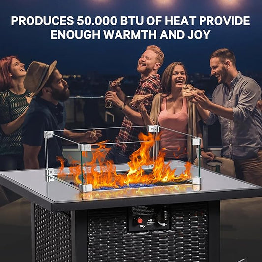 FHFO 28" Propane Fire Pit Table, Outdoor Square Fire pits with Cover,50,000 BTU Steel Gas Firepit, CSA Certified, Pulse Ignition,Glass Stone,Wind Guard, Ideal for Outdoor Patio, Outside, Dining-Black