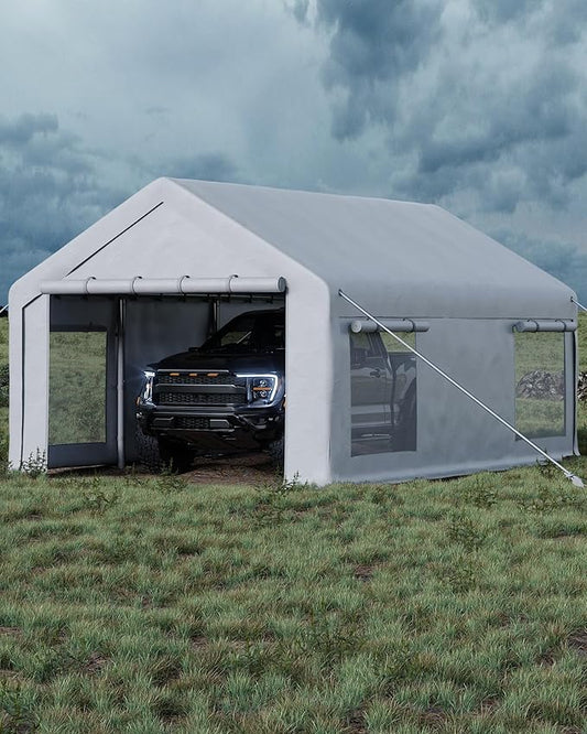 13x20 FT Carport,Heavy-Duty Carport with 4 Roll-Up Windows & Doors, Portable Garage 200g PE Tarp, Waterproof & UV Protected Outdoor Shelter for Car, Boat, Truck, Motorcycle