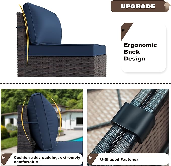 Kurapika 7 Pieces Patio Furniture Set, Rattan Outdoor Conversation Sets w/43in Propane Fire Pit Table and 4 Inch Cushion(Navy Blue)