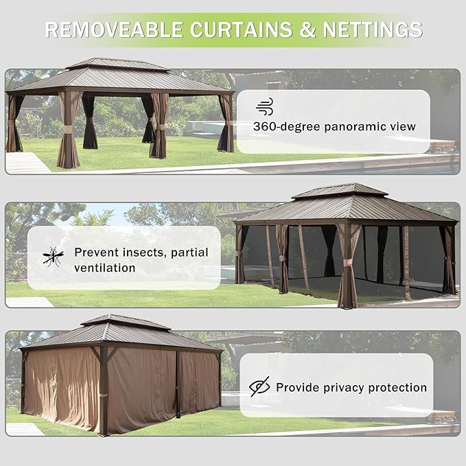 Domi 14x24FT Outdoor Gazebo, Hardtop Gazebo with Galvanized Steel Double Roof, Metal Gazebos with Drainage System Patio Pergola for Patio Deck Backyard,Curtain and Netting,Brown