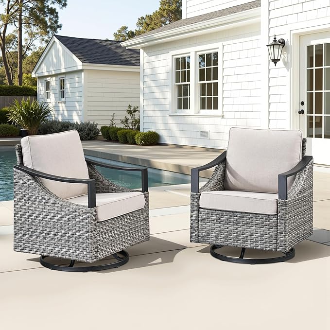 Swivel Outdoor Rocker Patio Chairs - Outdoor Swivel Rocking Chairs Set of 2, Wicker Chair Patio Furniture Sets with Removable Cover Thick Cushions for Porch Balcony Deck Gray/Beige