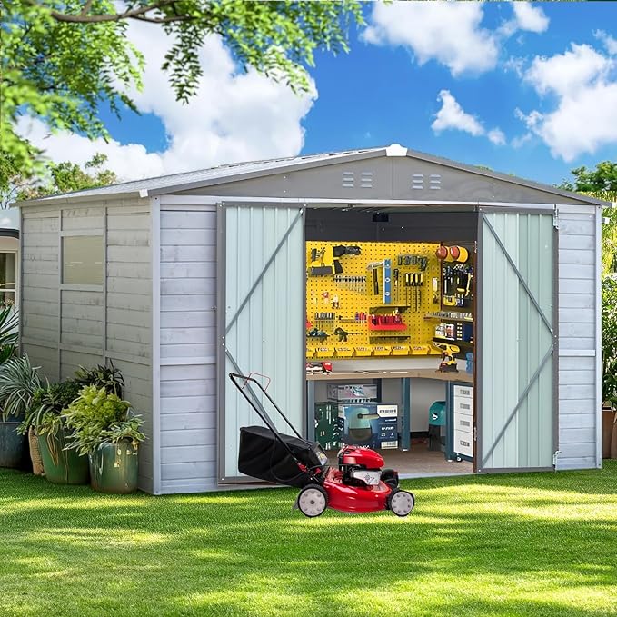 10x8 FT Wood Storage Shed, Outdoor Storage Shed with Lockable Door, Window and Vents, Waterproof Wooden Metal Tool Storage for Garden, Patio, Lawn, Backyard (Gray)