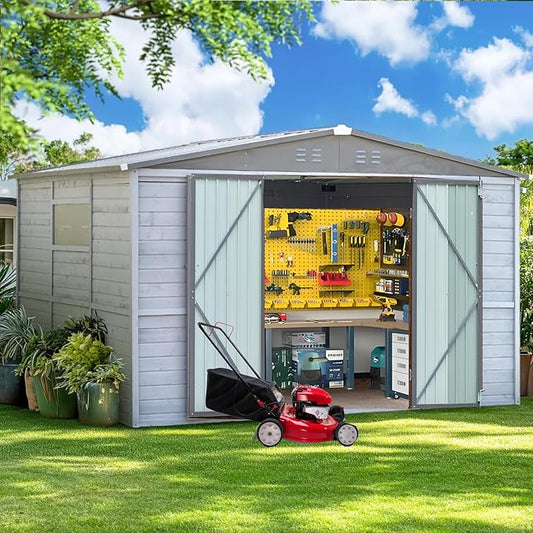 10x8 FT Wood Storage Shed, Outdoor Storage Shed with Lockable Door, Window and Vents, Waterproof Wooden Metal Tool Storage for Garden, Patio, Lawn, Backyard (Gray)
