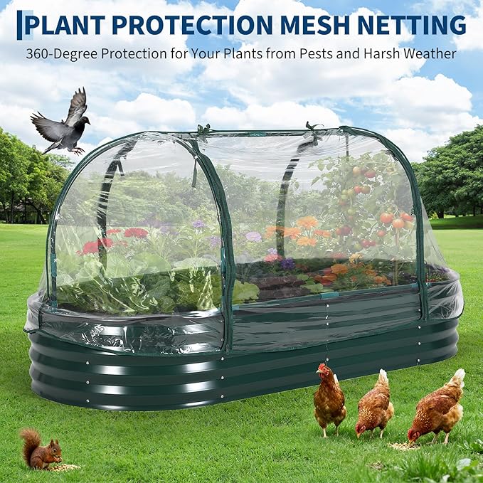 Oval Galvanized Raised Garden Bed Kit with Zippered PVC Cover, Easy Assembly, Thick Metal Outdoor Planter Box for Vegetables, Flowers, Patio Gardening, Dark Green