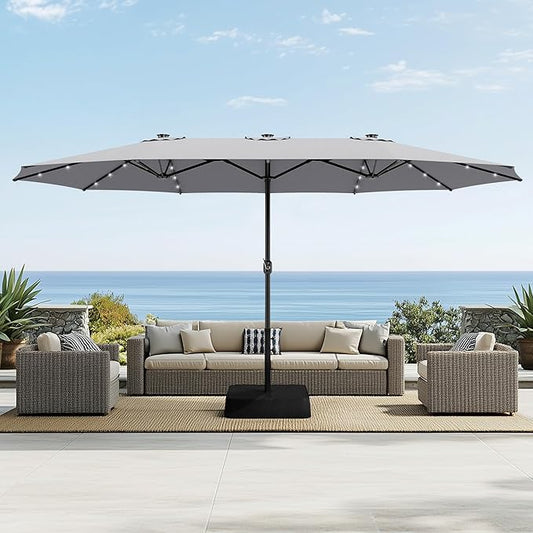 Sophia & William 15 ft Extra Large Patio Umbrella with Solar Lights, Rectangular Outdoor Umbrella with Base Included, Market Umbrella Double-sided Heavy Duty for Pool Garden Backyard, Smoky Gray
