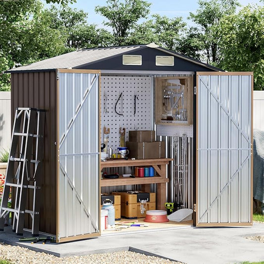 6x4 FT Outdoor Metal Storage Shed, Double Doors,Tool Shed for Garden, Patio, Backyard Brown