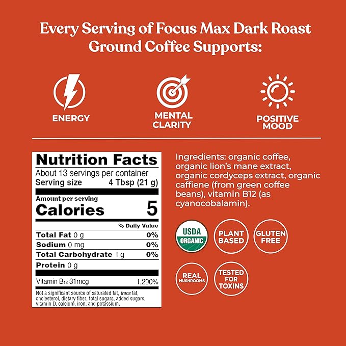 Four Sigmatic Focus Max High Caffeine Cordyceps Coffee | Organic Dark Roast High Caffeine Ground Coffee with Cordyceps, Lion's Mane and B12 | Energy Booster Without the Jitters | 10oz Bag