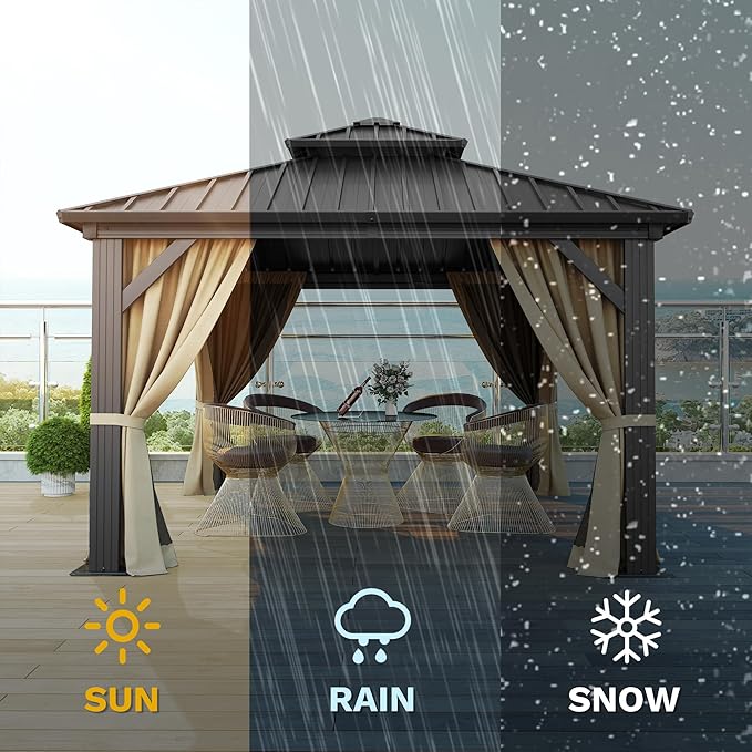 DWVO 10x10ft Hardtop Gazebo Double Roof Heavy Duty Galvanized Steel with Nettings and Curtains, for Patio, Backyard, Deck, Lawns, Brown