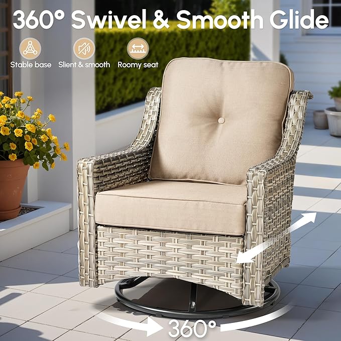 8 Pieces Patio Outdoor Furniture Set with Swivel Rocking Chairs,All Weather Wicker Rattan Patio Seating Sofa and Chair Set w/Ottoman,Outdoor Conversation Sets for Deck Yard Garden,Beige