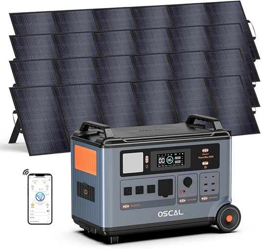 OSCAL PowerMax 6000 Solar Generator with 4x500W Solar Panels, 120/240V Split Phase Voltage 6000W AC Outlets (9000W Peak), 3600Wh Power Station Expandable to 57.6kWh, Emergency for Home