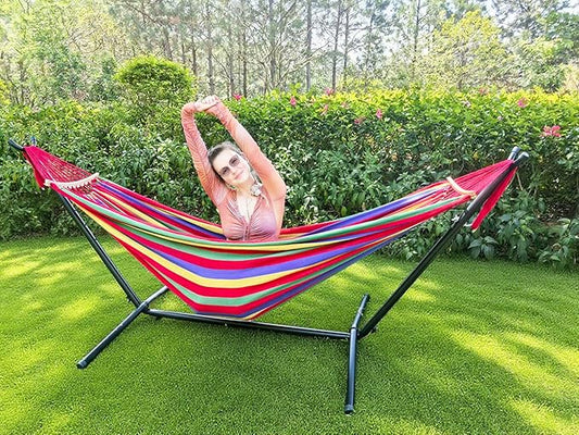 GOCAN Double Hammock 2 Person Large 220x160cm with Steel Stand and Removable Spreader bar Load 500lb, Canvas Cotton Hammocks for Patio Porch Garden Backyard Outdoor and Indoor,red