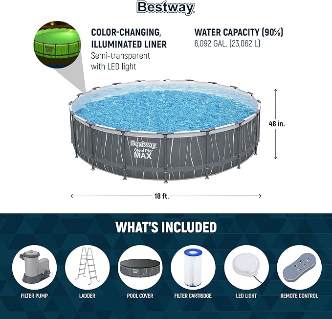 Bestway Steel Pro MAX 18 Foot x 48 Inches Metal Frame Above Ground Round Swimming Pool Set with LED Light, Remote Control, Ladder, and Pool Cover