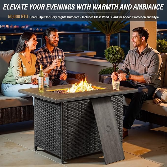 6 Piece Outdoor Patio Furniture Set with Propane Fire Pit Table, Wicker Patio Conversation Set with2 Patio Wicker Chairs Rattan Sofa and Removable 4" Thick Cushions for Deck Backyard