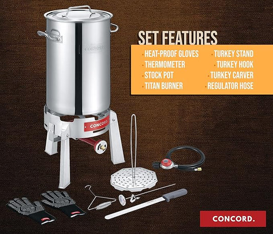 CONCORD Heavy Duty Stainless Steel Deluxe Turkey Fryer Kit with Titan Burner, Rack, Slicer, Hook, Thermometer, Crawfish Boil, and more (Turkey Fryer Kit + Titan Burner)