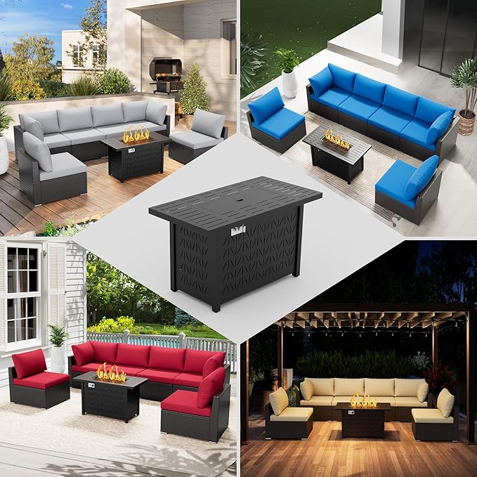 43'' Propane Fire Pit Table, 2 in 1 Rectangular Outdoor Fireplace, Outside Patio Deck and Garden, Gas Fire Pit Table with Lid and Stone, 50,000 BTU Adjustable Flame