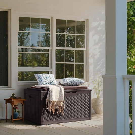 Flamaker Deck Box with Cushion 100 Gallon Waterproof Resin Storage Box with Air Rod Indoor Outdoor Lockable Storage Bench for Patio Furniture, Tools, Pool Accessories (Deep Brown)