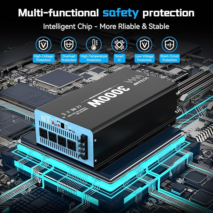 New Upgraded 3000 Watts Pure Sine Wave Inverter, 12V DC to 110V AC Power Inverter with 4 AC Outlets, USB Port, Type-C Port for Truck, Vehicle, Power Outage, Remote Control with LCD Screen