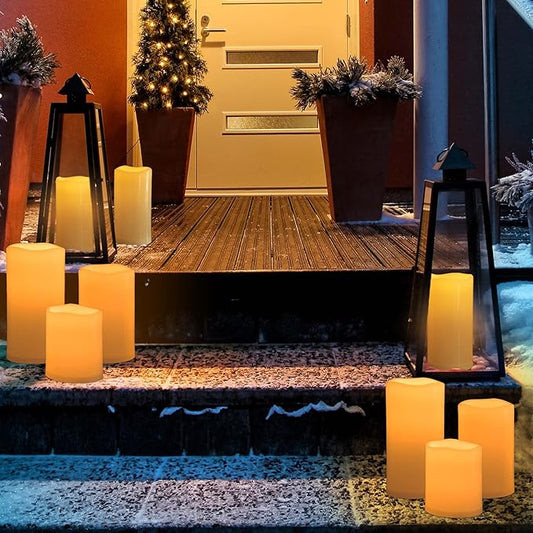 8" x 5" Waterproof Outdoor Flameless Candles Battery Operated LED Flickering Pillar Candles with Remote and Timer for Indoor Outdoor Lanterns, Long Lasting, Ivory White Large, Set of 2