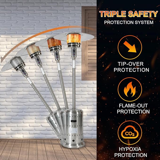 Patio Heater with Cover, 48,000 BTU Pyramid Flame Outdoor Heater, Propane, Detachable Wheels, Quartz Glass Tube for Patio, Garden, Courtyard, Park, Poolside (Silver)