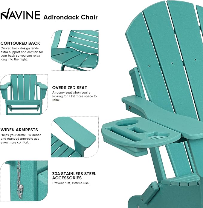 Adirondack Chair Set of 6, HDPE Folding Adirondack Chair with Multifunctional Cup Holder, Weather Resistant Fire Pit Chair for porches, patios, poolsides, Decks.